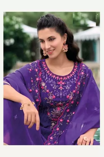 Dark purple hand work soft silk tulip pant suits with organza dupatta