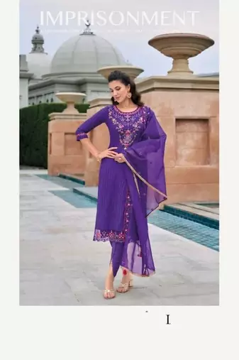 Dark purple hand work soft silk tulip pant suits with organza dupatta
