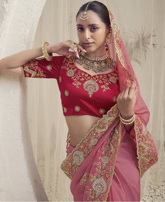 Pink Color  Codes And Sequins Fancy Fabric Wedding Wear Saree With Blouse Fabric 2
