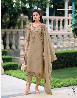 Light beige hand work soft silk tulip pant suits with organza dupatta 1