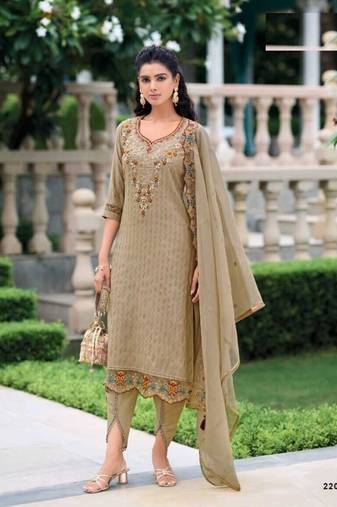 Light beige hand work soft silk tulip pant suits with organza dupatta
