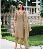 Light beige hand work soft silk tulip pant suits with organza dupatta