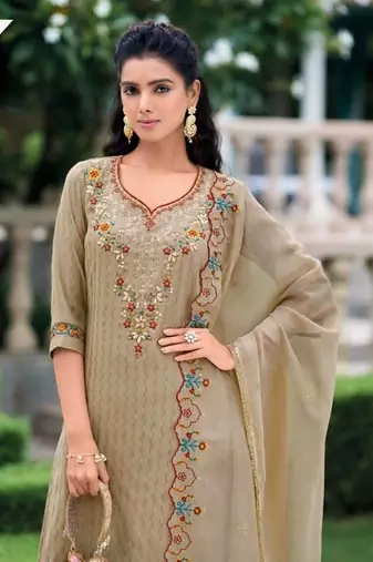 Light beige hand work soft silk tulip pant suits with organza dupatta