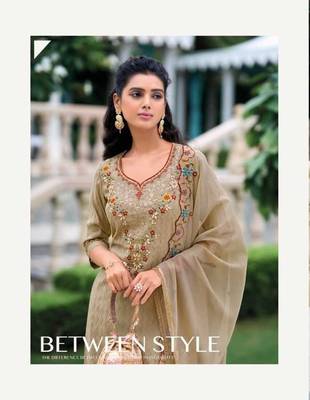 Light beige hand work soft silk tulip pant suits with organza dupatta 3