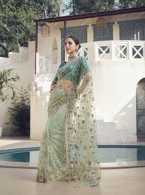 Light Green Color  Codes And Sequins Net Wedding Wear Saree With Blouse Fabric 1