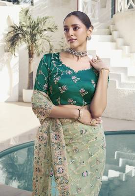 Light Green Color  Codes And Sequins Net Wedding Wear Saree With Blouse Fabric 2
