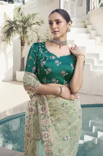 Light Green Color  Codes And Sequins Net Wedding Wear Saree With Blouse Fabric