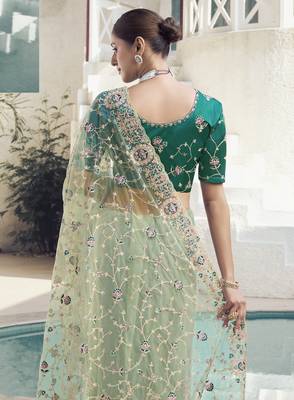 Light Green Color  Codes And Sequins Net Wedding Wear Saree With Blouse Fabric 3