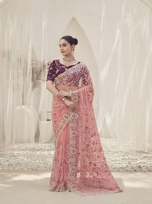 Peach Color  Codes And Sequins Net Wedding Wear Saree With Blouse Fabric 1