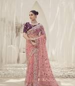 Peach Color  Codes And Sequins Net Wedding Wear Saree With Blouse Fabric
