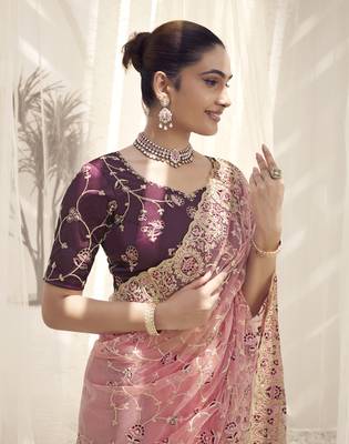 Peach Color  Codes And Sequins Net Wedding Wear Saree With Blouse Fabric 2