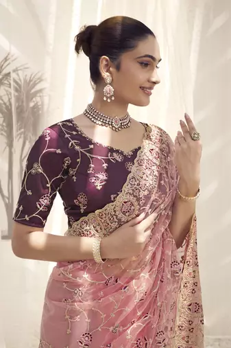 Peach Color  Codes And Sequins Net Wedding Wear Saree With Blouse Fabric