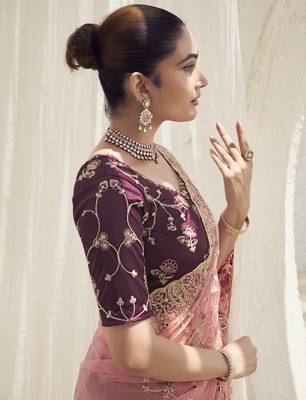 Peach Color  Codes And Sequins Net Wedding Wear Saree With Blouse Fabric 3