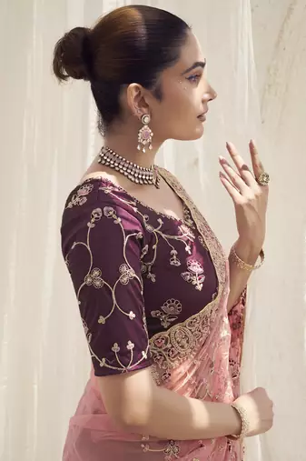 Peach Color  Codes And Sequins Net Wedding Wear Saree With Blouse Fabric