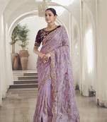 Light Purple Color  Codes And Sequins Organza Wedding Wear Saree With Blouse Fabric