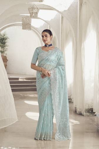 Light Multicolor Color  Codes And Sequins Net Wedding Wear Saree With Blouse Fabric