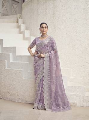Lavender Color  Codes And Sequins Net Wedding Wear Saree With Blouse Fabric 1