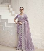 Lavender Color  Codes And Sequins Net Wedding Wear Saree With Blouse Fabric