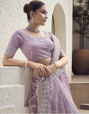 Lavender Color  Codes And Sequins Net Wedding Wear Saree With Blouse Fabric 2