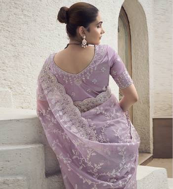 Lavender Color  Codes And Sequins Net Wedding Wear Saree With Blouse Fabric 3
