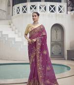 Wine Color  Codes And Sequins Organza Wedding Wear Saree With Blouse Fabric
