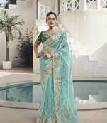 Sea Green Color  Codes And Sequins Fancy Fabric Wedding Wear Saree With Blouse Fabric