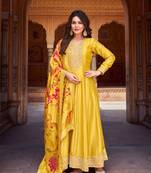 TRENDY DESIGNER FANCY LONG YELLOW ANARKALI SALWAR SUIT SEMI STITCHED EMBROIDERY WORK