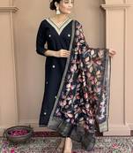 Women's Chanderi Viscose Embroidered Straight Kurta with Pant And Dupatta Set