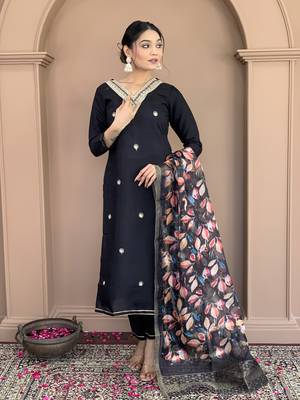 Women's Chanderi Viscose Embroidered Straight Kurta with Pant And Dupatta Set 3