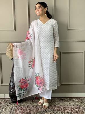 Women's Lenin Cotton Embroidered Straight Kurta with Pant And Dupatta Set 1