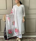 Women's Lenin Cotton Embroidered Straight Kurta with Pant And Dupatta Set