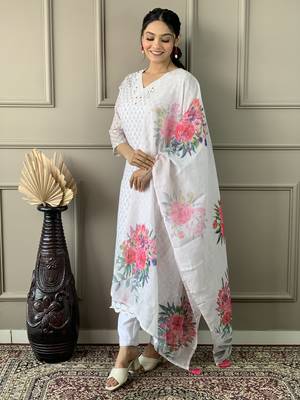 Women's Lenin Cotton Embroidered Straight Kurta with Pant And Dupatta Set 3