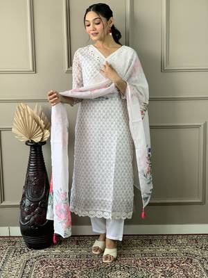 Women's Lenin Cotton Embroidered Straight Kurta with Pant And Dupatta Set 5