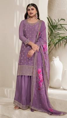 TRENDY DESIGNER FANCY LAVENDER SHARARA SALWAR SUIT SEMI STITCHED EMBROIDERY WORK 1