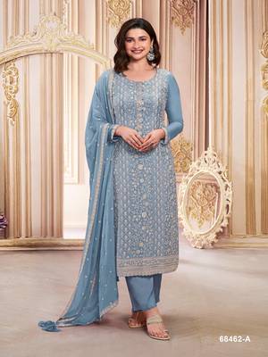 TRENDY DESIGNER FANCY SKY BLUE STRAIGHT SALWAR SUIT SEMI STITCHED EMBROIDERY WORK 1