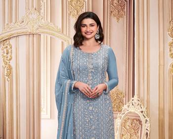 TRENDY DESIGNER FANCY SKY BLUE STRAIGHT SALWAR SUIT SEMI STITCHED EMBROIDERY WORK 2