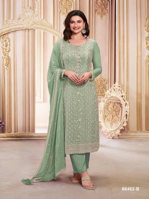 TRENDY DESIGNER FANCY GREEN STRAIGHT SALWAR SUIT SEMI STITCHED EMBROIDERY WORK 1