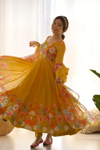 Floral Printed Organza Anarkali Kurta With Cotton Silk Pant And Dupatta