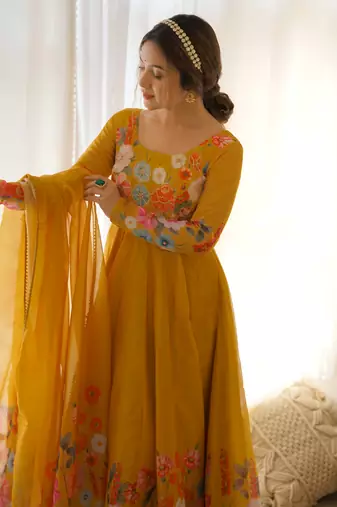 Floral Printed Organza Anarkali Kurta With Cotton Silk Pant And Dupatta