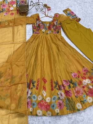 Floral Printed Organza Anarkali Kurta With Cotton Silk Pant And Dupatta 5