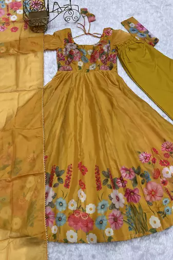 Floral Printed Organza Anarkali Kurta With Cotton Silk Pant And Dupatta