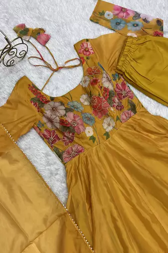 Floral Printed Organza Anarkali Kurta With Cotton Silk Pant And Dupatta