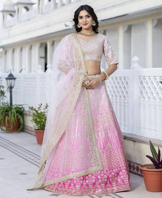 Sequence Embroidery Work Semi-Stitched Cotton Bridal Lehenga Choli With Dupatta For Women 1