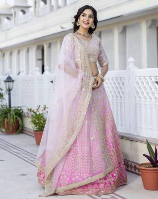 Sequence Embroidery Work Semi-Stitched Cotton Bridal Lehenga Choli With Dupatta For Women 3