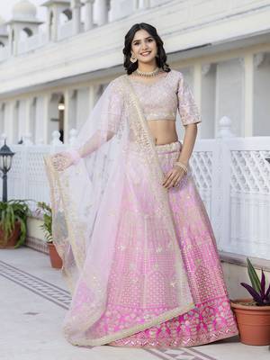 Sequence Embroidery Work Semi-Stitched Cotton Bridal Lehenga Choli With Dupatta For Women 4