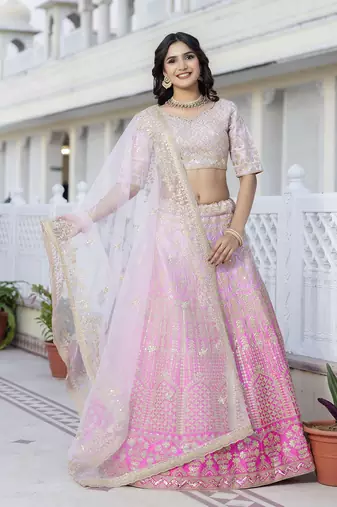 Sequence Embroidery Work Semi-Stitched Cotton Bridal Lehenga Choli With Dupatta For Women