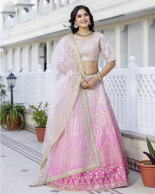 Sequence Embroidery Work Semi-Stitched Cotton Bridal Lehenga Choli With Dupatta For Women 6