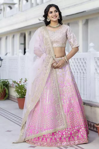 Sequence Embroidery Work Semi-Stitched Cotton Bridal Lehenga Choli With Dupatta For Women