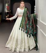  Georgette Embroidery Offwhite Lehenga Choli with Digital Printed Green Dupatta