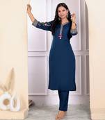 Womens embroidery and lace work blue pakistani kurta with palazzo set